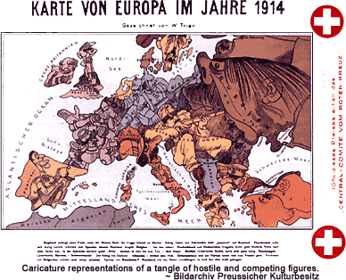 Caricature representations of a tangle of hostile and competing figures.