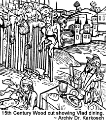 15th Century Wood cut showing Vlad dining.