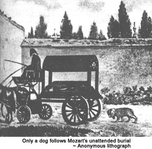 Only a dog follows Mozart's unattended burial.