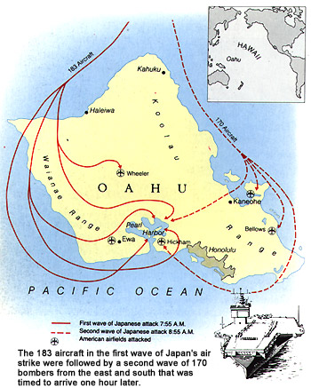 The 183 aircraft in the first wave of Japan's air strike were followed by a second wave of 170 bombers from the east and south that was timed to arrive one hour later.