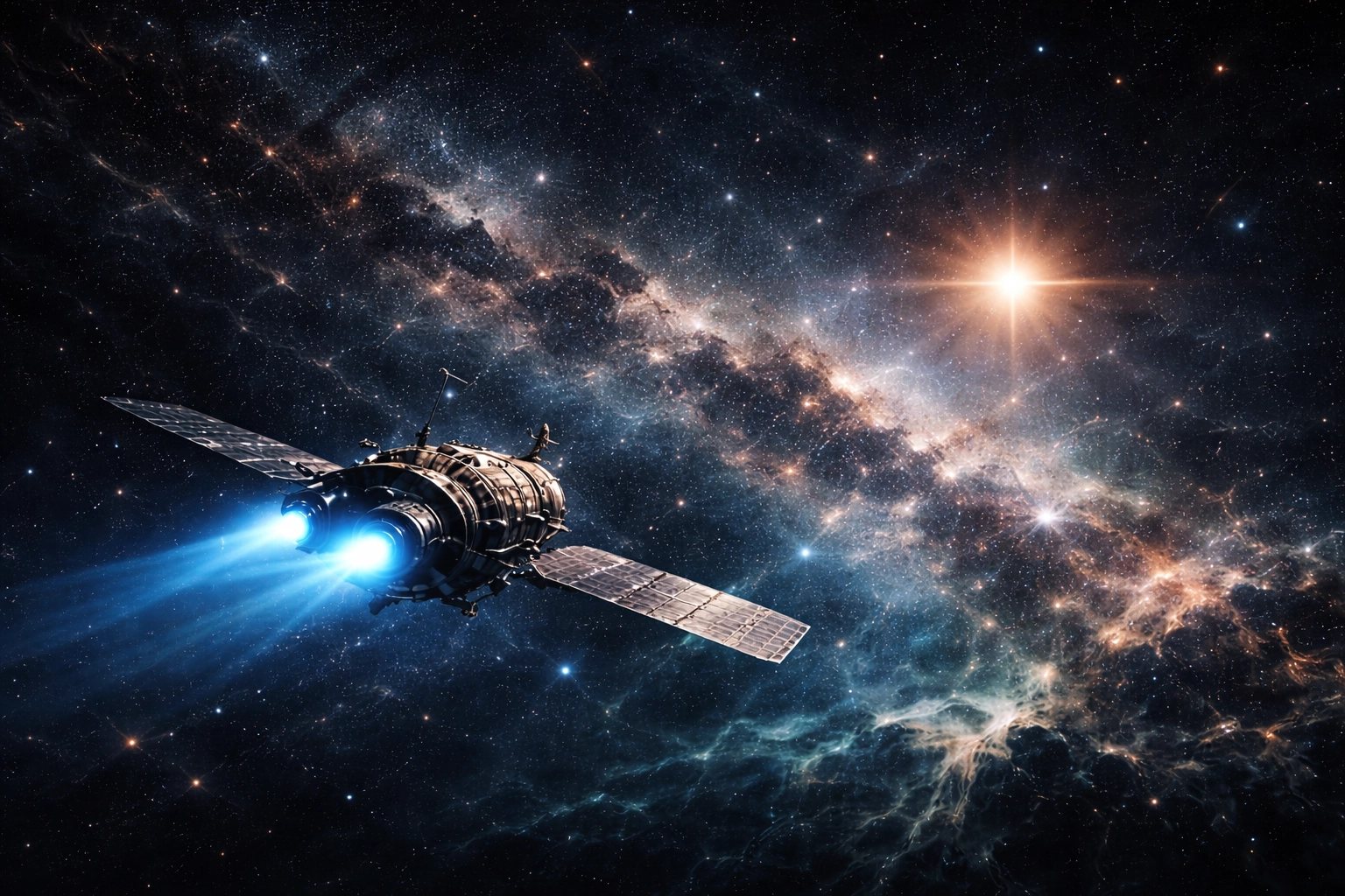 A spacecraft traveling through deep space toward a distant star