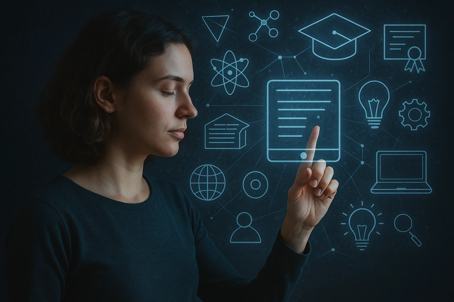 Woman accessing knowledge through a glowing interface