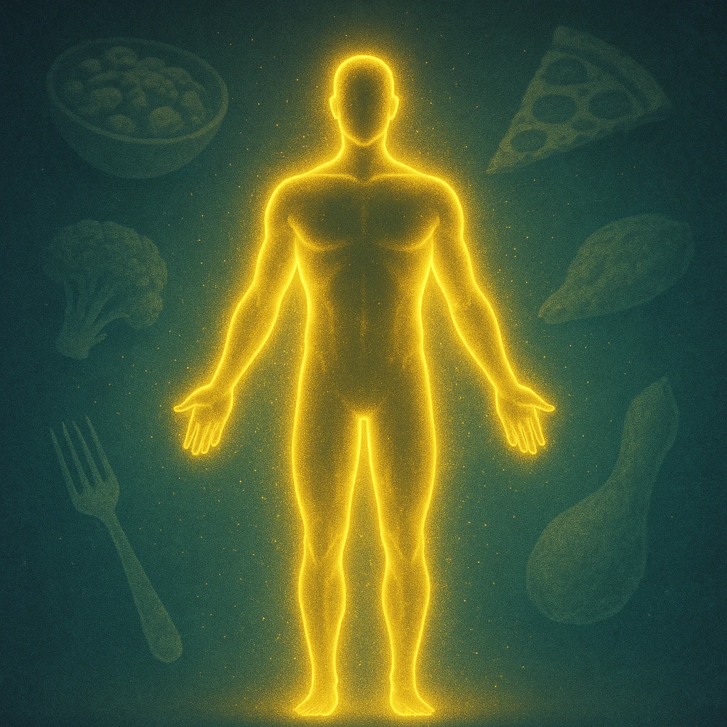 A human figure glowing with internal energy surrounded by fading foods