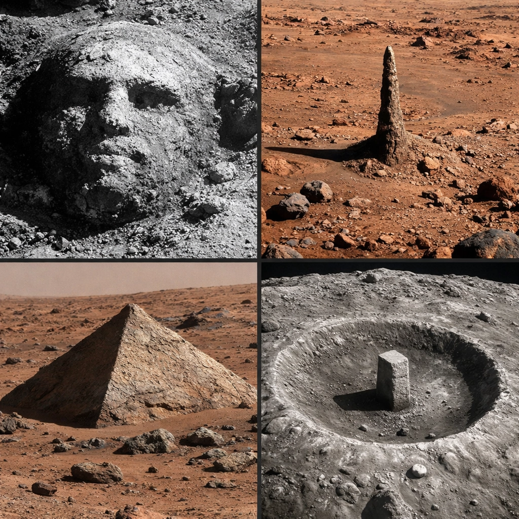 Odd shapes and features in planetary images including face-like rock, tower formation, pyramid shape, and monolith structure