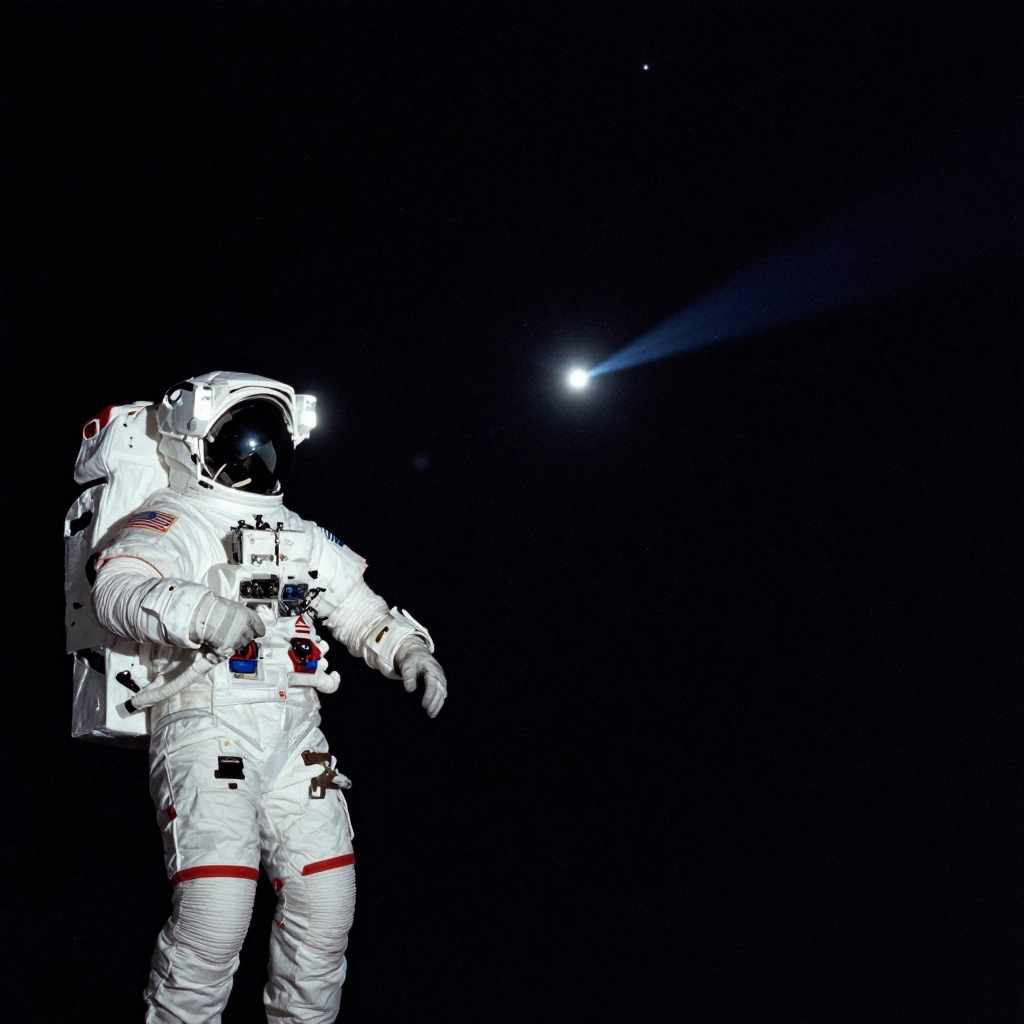 An astronaut outside a spacecraft surrounded by strange light in deep space