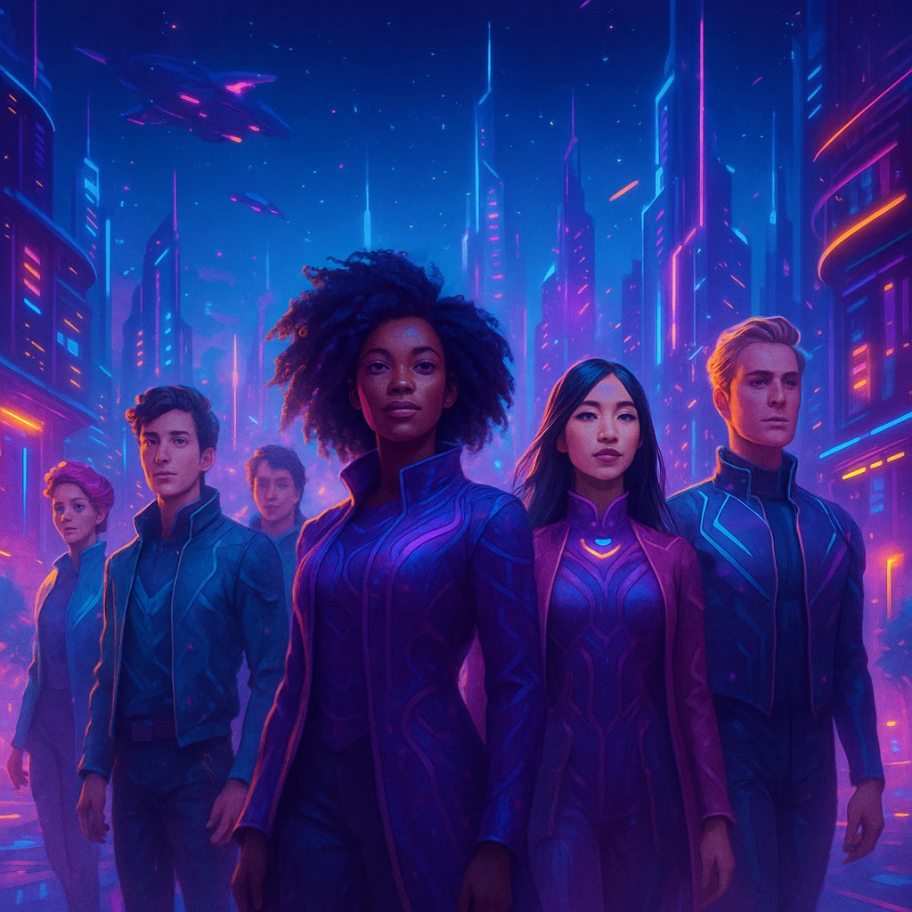 A diverse group of people, all appearing ageless, in a modern city