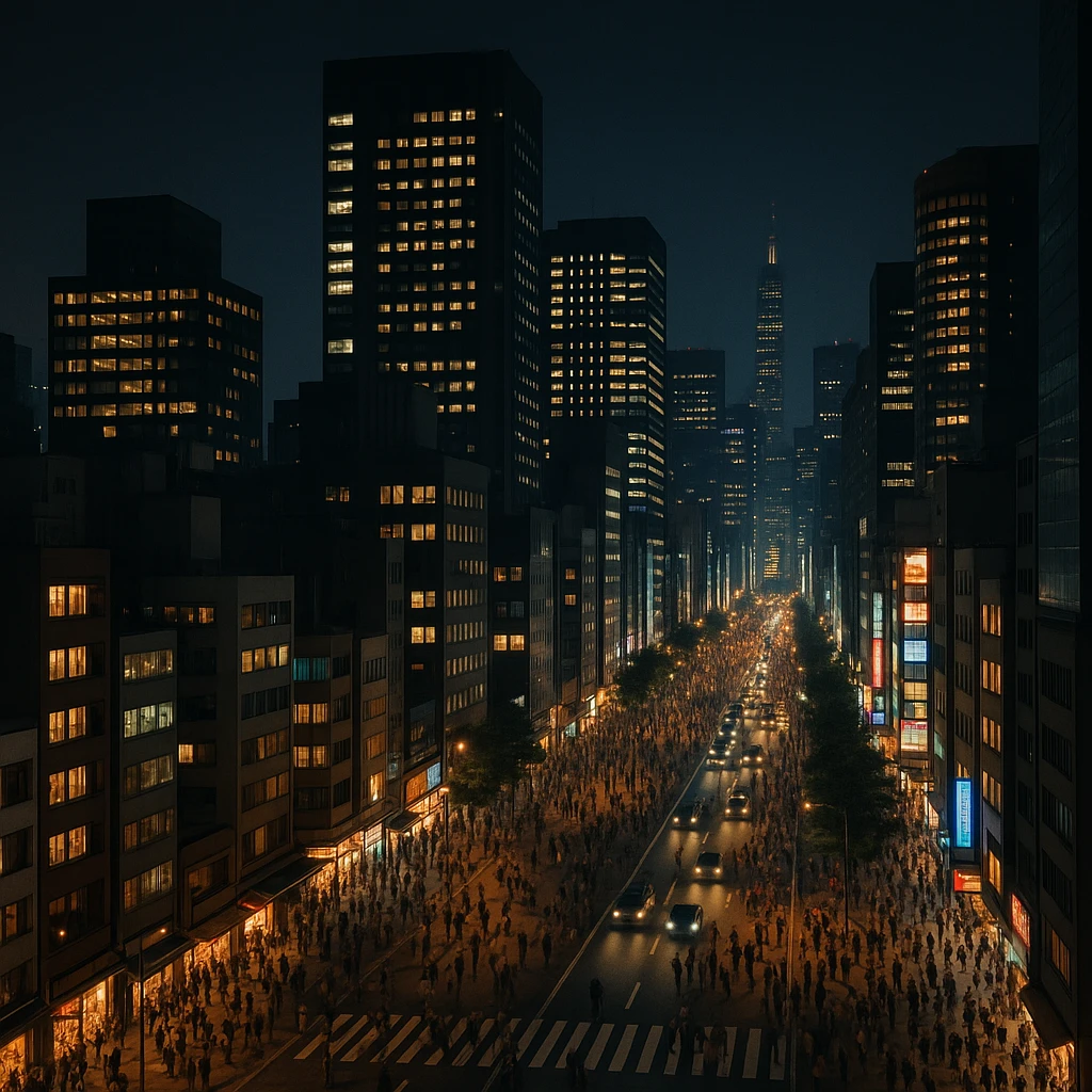 A bright city full of people awake at all hours