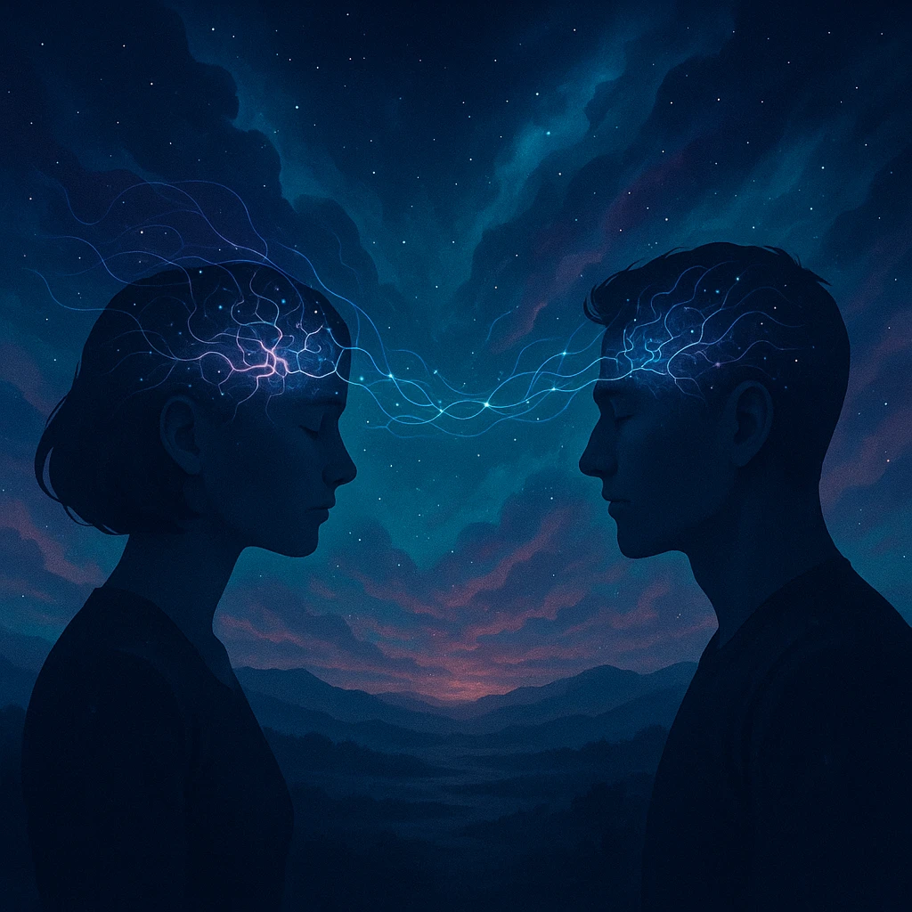 Two figures communicating through thought in a vast surreal landscape