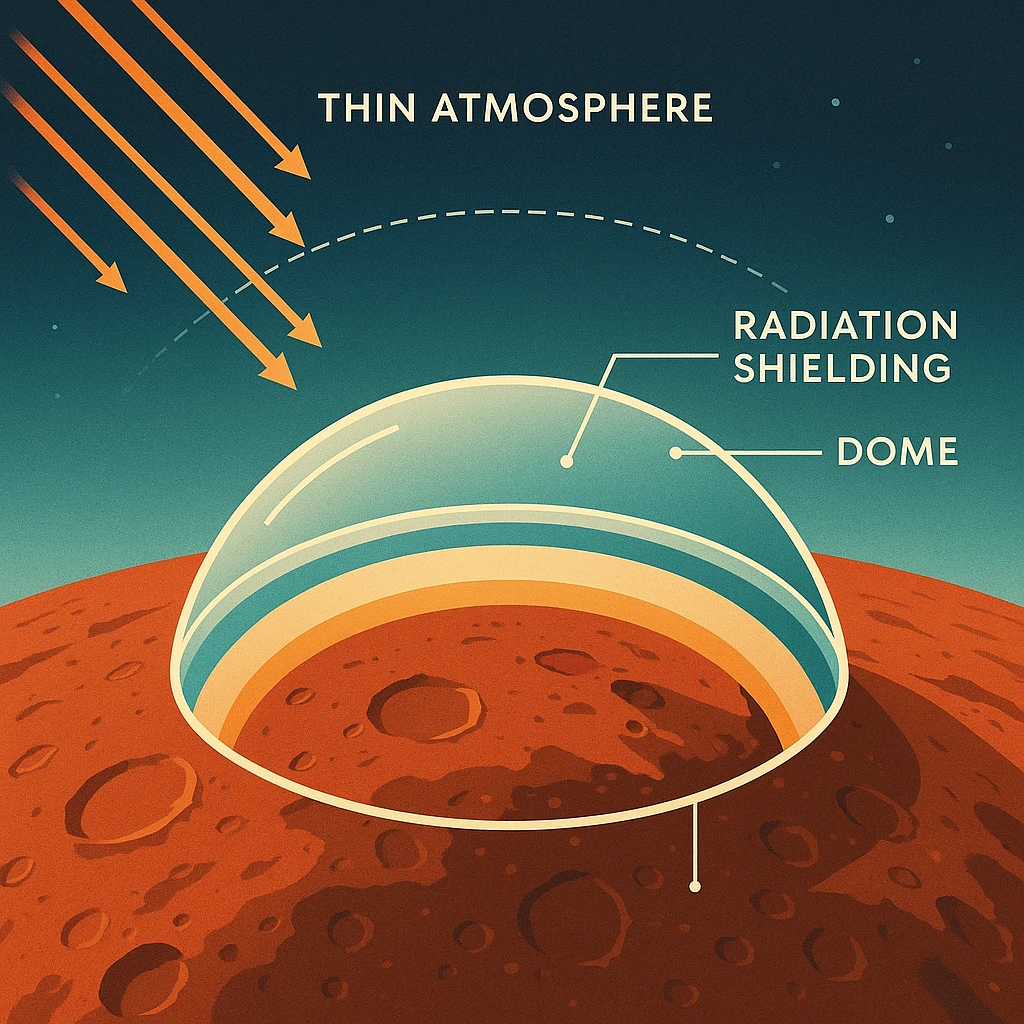 Diagram of Mars thin atmosphere and radiation shield dome