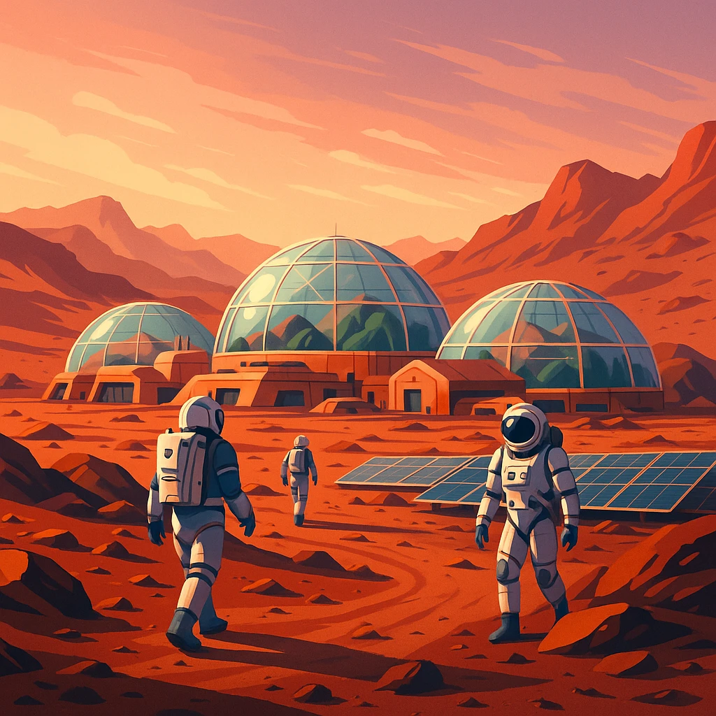 Astronaut walking on the Martian surface near a dome habitat